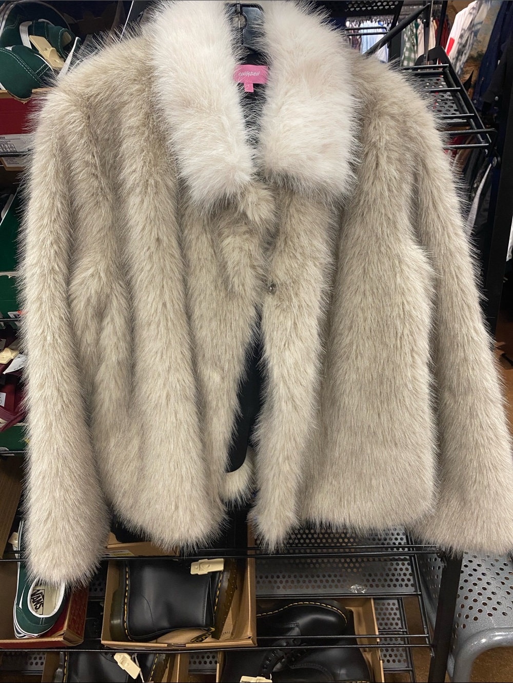 Edikted Light Taupe Faux Fur Coat with White Collar